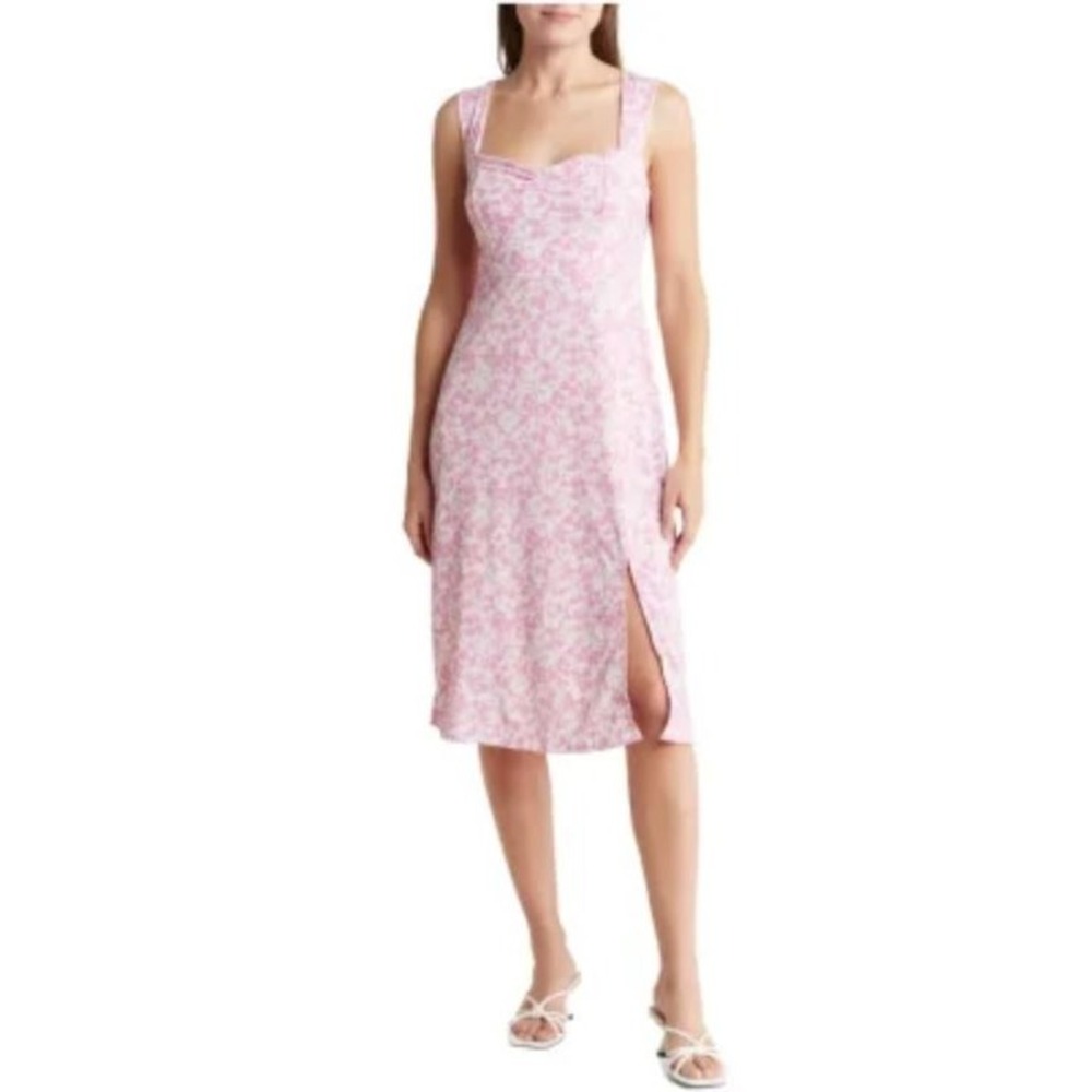 Lush Women's Floral Fit & Flare Sweetheart Midi Dress in Pink and White Medium